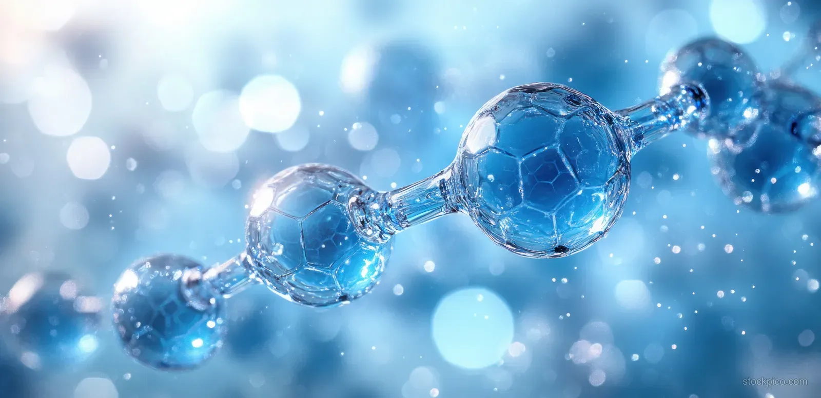 Blue glowing molecular spheres connected in a DNA-like chain with floating light particles in the background.
