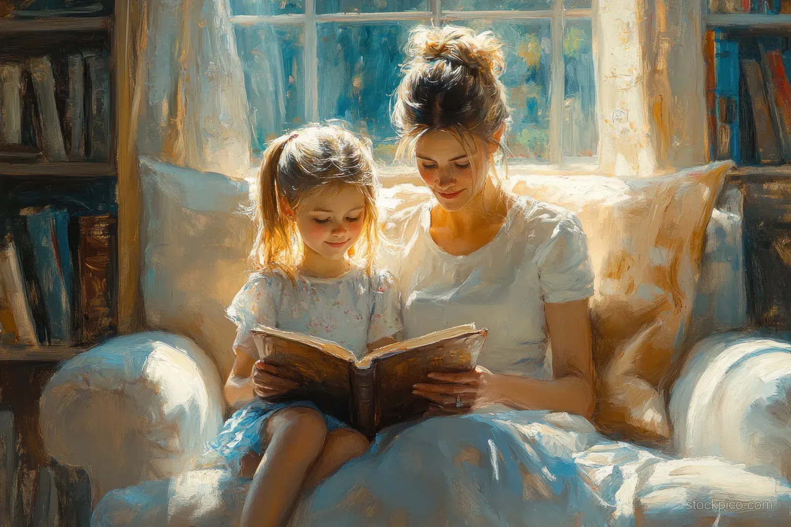 Mother and daughter cuddle on a couch, reading an open book while sunlight fills a pastel living room.