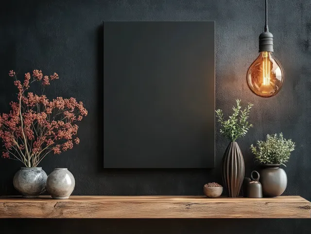 Minimalist living room shelf decor with an empty frame on a dark wall lit by a hanging bulb.