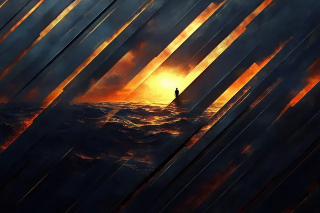 Lone silhouette stands on surreal ocean, framed by dark diagonal beams at sunrise glow