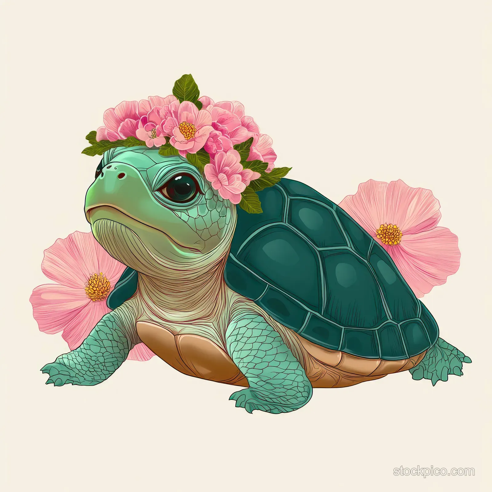 A small illustrated turtle wearing a pink flower crown with pink blossoms behind it on a light beige background.