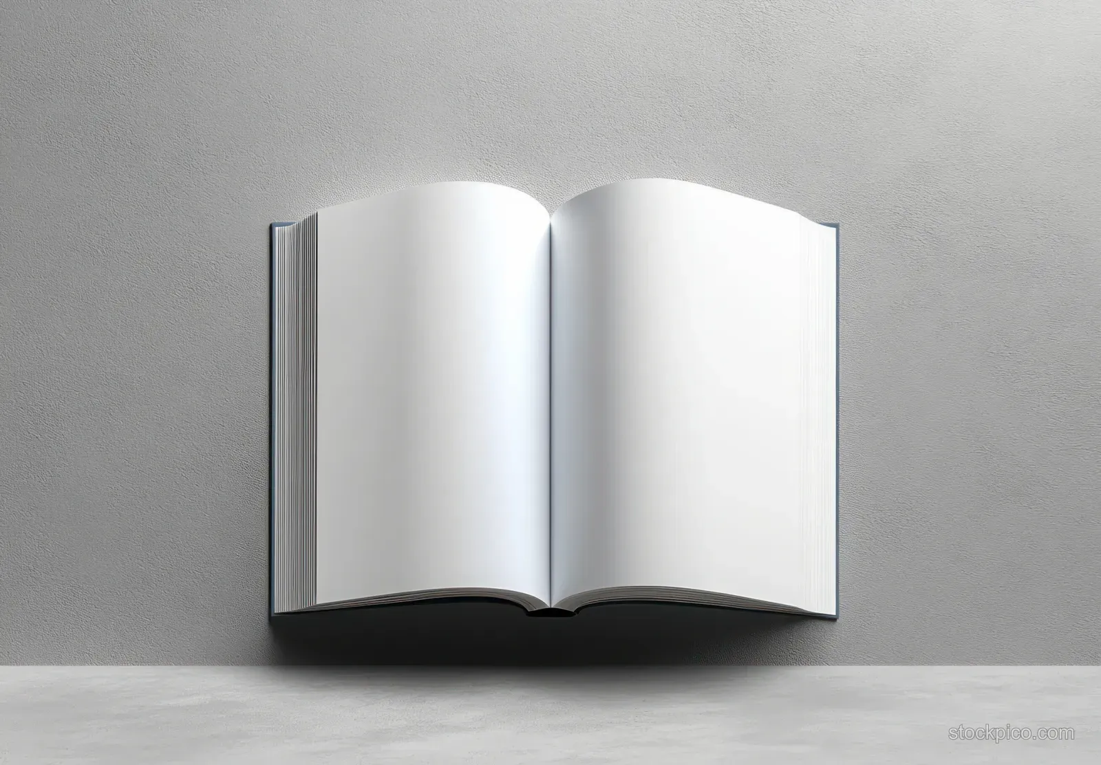 An open blank book with clean interior pages on a gray surface under soft natural light.