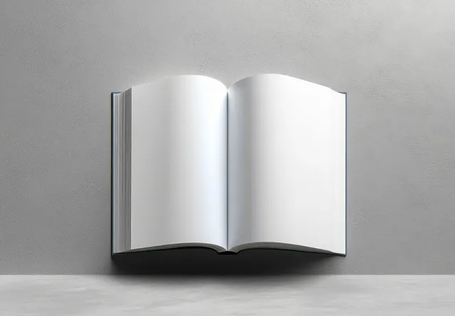 Open minimalist book on gray surface under soft natural light, blank pages visible