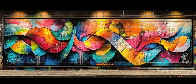 Colorful graffiti mural with layered tags on a brick wall in street light