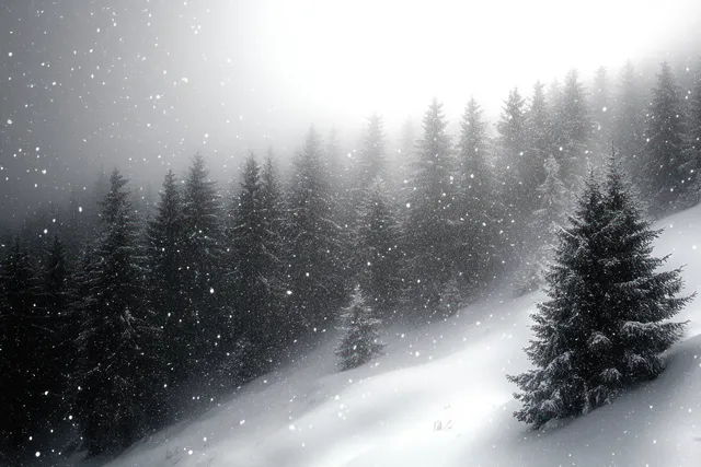 Snowflakes fall over foggy evergreen trees on a snowy mountain forest slope.