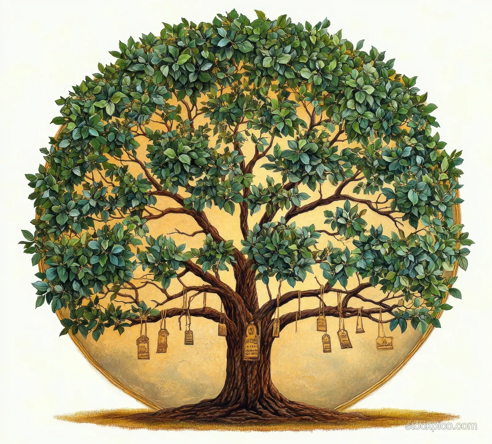 Vintage family tree illustration with lush green leaves and branches arranged inside a circular frame.