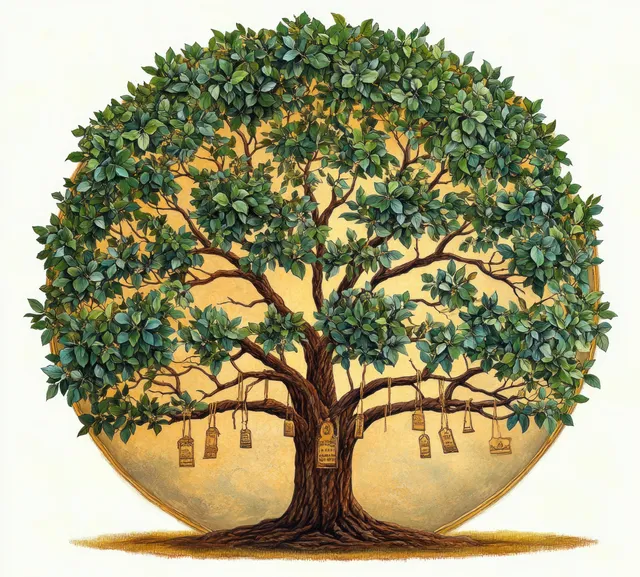 Vintage family tree illustration with lush green leaves and branches arranged inside a circular frame.
