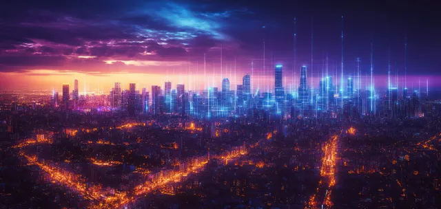 Twilight city skyline with glowing grid overlays and tall buildings fading into a colorful horizon.