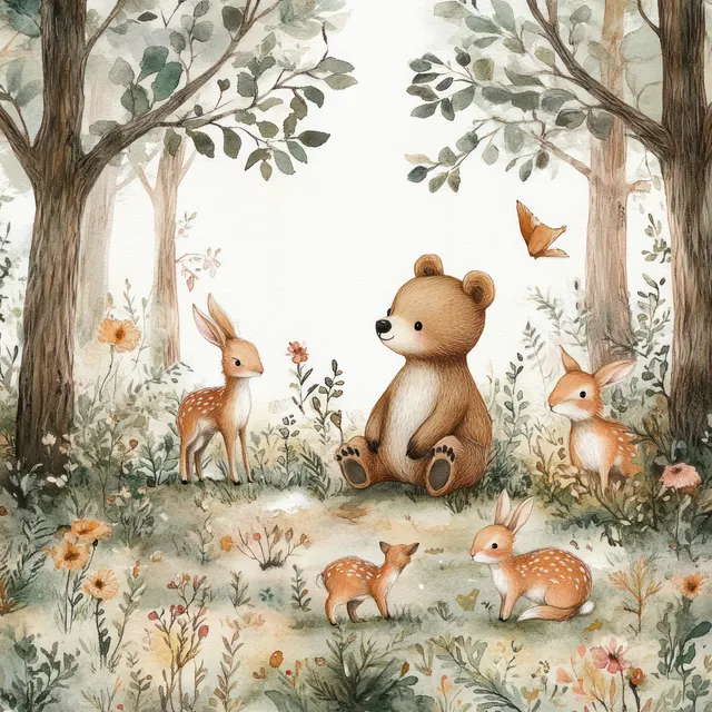 Watercolor woodland animals seamless pattern with bear, deer, fox, rabbit, owl in pastel forest