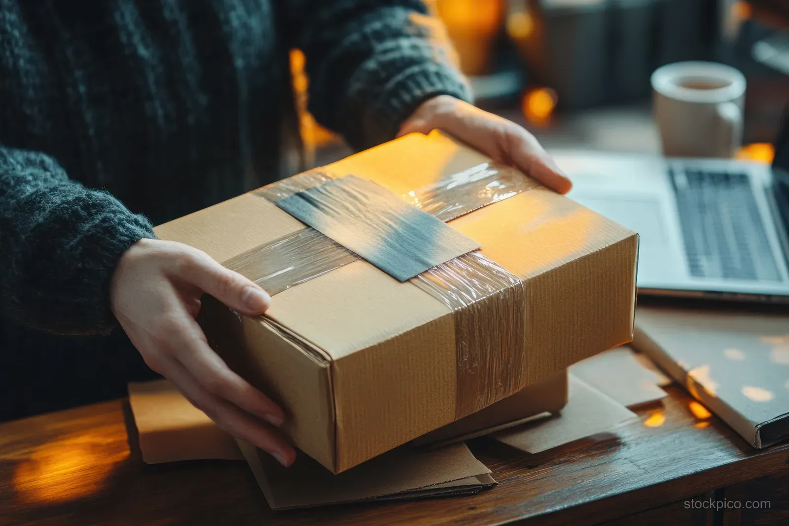 A person’s hands tape a sealed cardboard shipping box on a wooden desk with a laptop and coffee nearby.