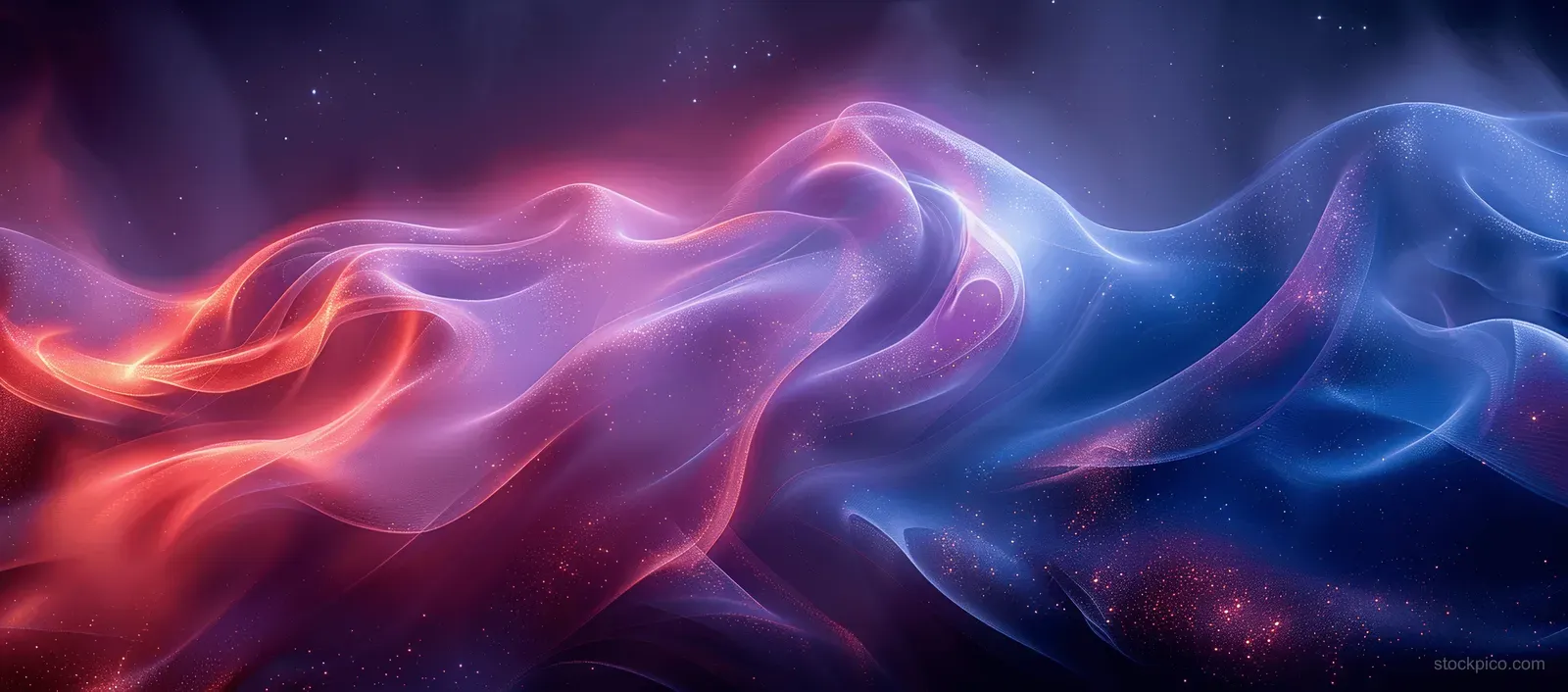 Neon blue and purple wave ribbons glow over a dark space background with curved light trails.
