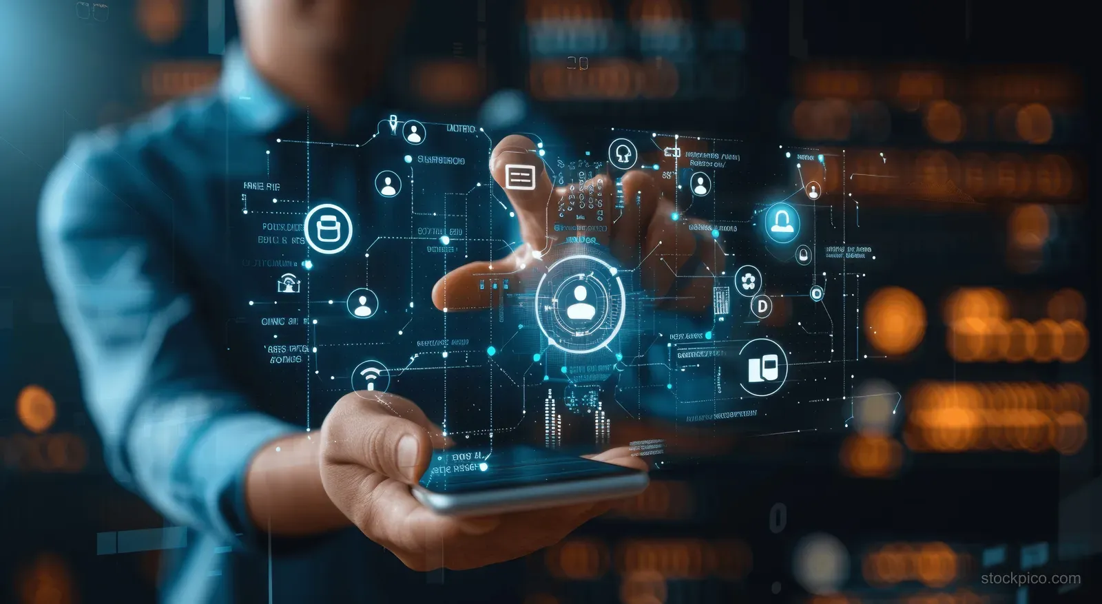 Businessman holds a tablet showing a glowing biometric KYC identity verification interface with security and encryption icons.