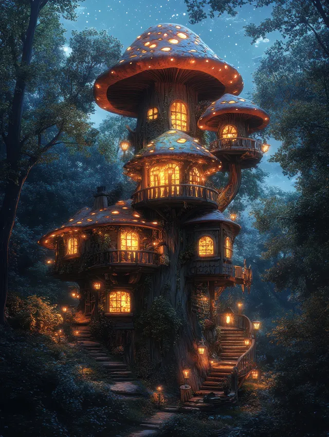 A glowing mushroom treehouse with warm windows and lanterns sits among misty trees at night.