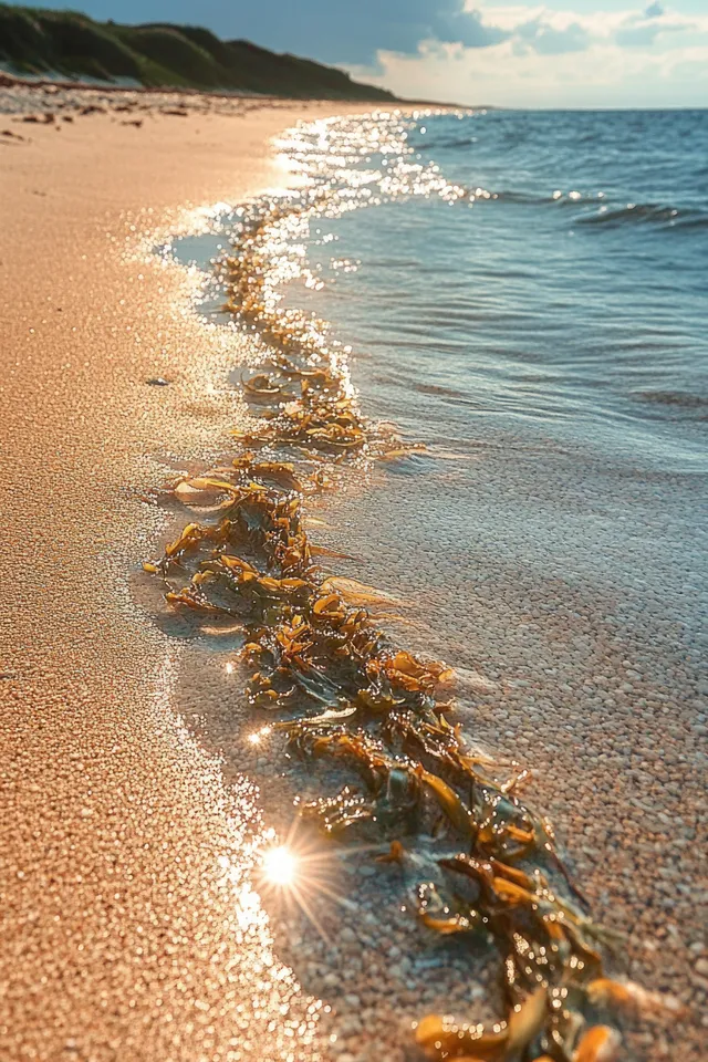 Sunlit sandy shoreline with seaweed line and waves rolling toward a bright horizon