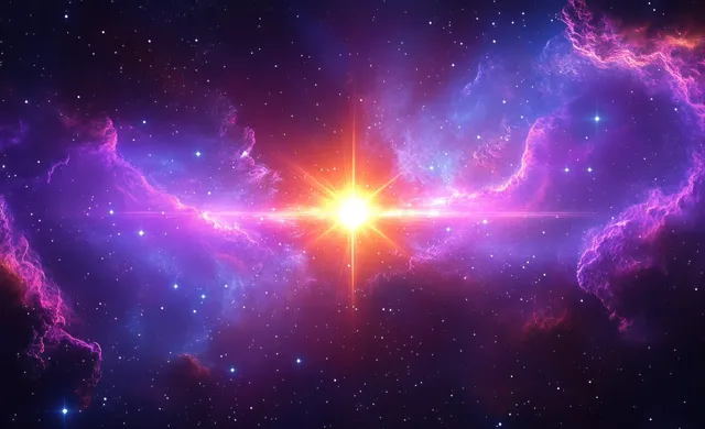 A bright star with radiant flares sits at the center of swirling purple and pink nebula clouds in space.