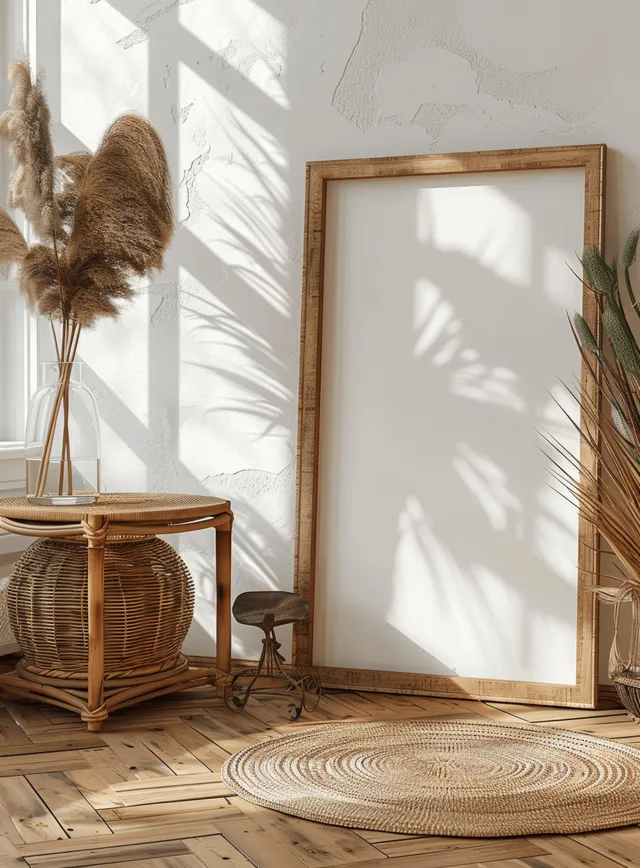 Blank wooden picture frame stands beside a wicker side table and beige parquet floor in a boho interior.