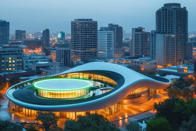 Futuristic Wichita downtown skyline at dusk with glowing circular arena rooftops