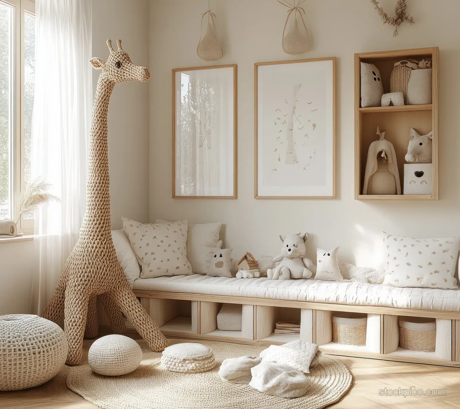 Sunlit children’s room with a wooden crib, woven giraffe figure, stuffed animals, and framed wall art.