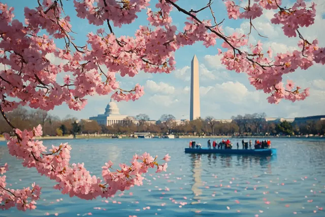 Cherry blossoms framing lake boats with Washington monuments in spring