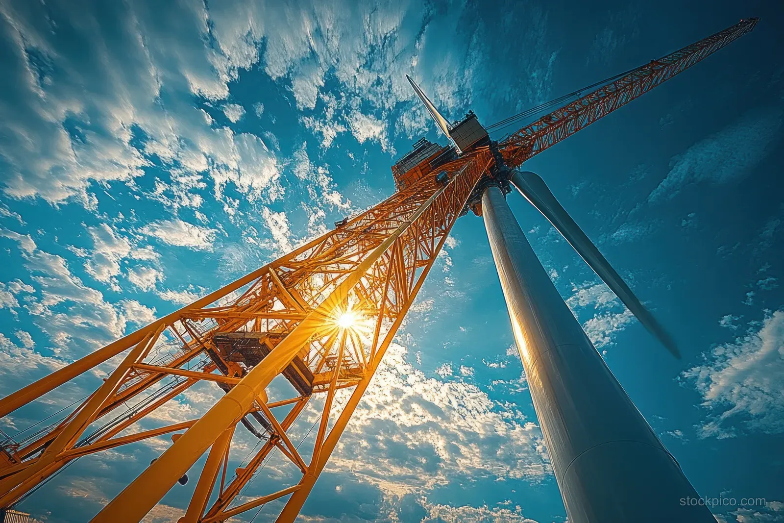 A crane lifts a wind turbine component at a construction site as workers and gear surround the base.