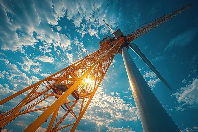 Crane lifts wind turbine nacelle at industrial construction site under dramatic sunset sky
