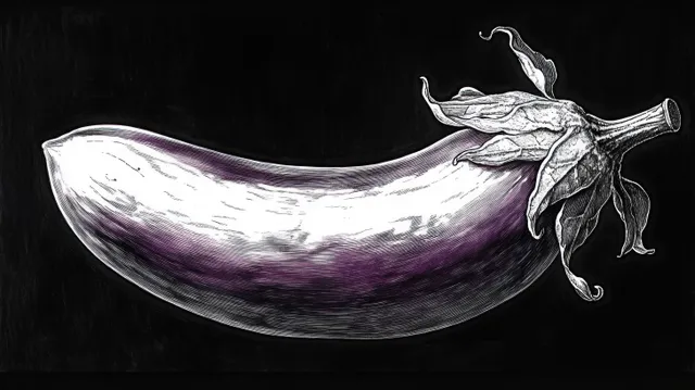 Single elongated eggplant illustration with white highlights and textured stem on black
