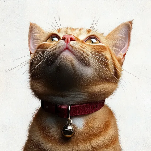 Orange tabby cat close-up looking upward with wide eyes and red collar bell