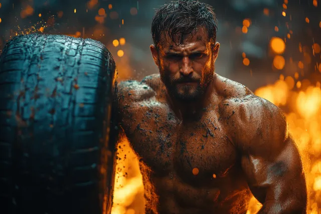 A muscular man grips a heavy outdoor tire while training under warm, fiery light and shallow depth of field.