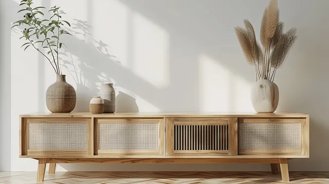 Scandinavian wooden sideboard with vases and decor items against a bright empty white wall with window light shadows.