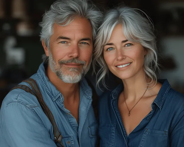 Smiling senior couple cuddling outdoors in golden-hour light near a blurred street