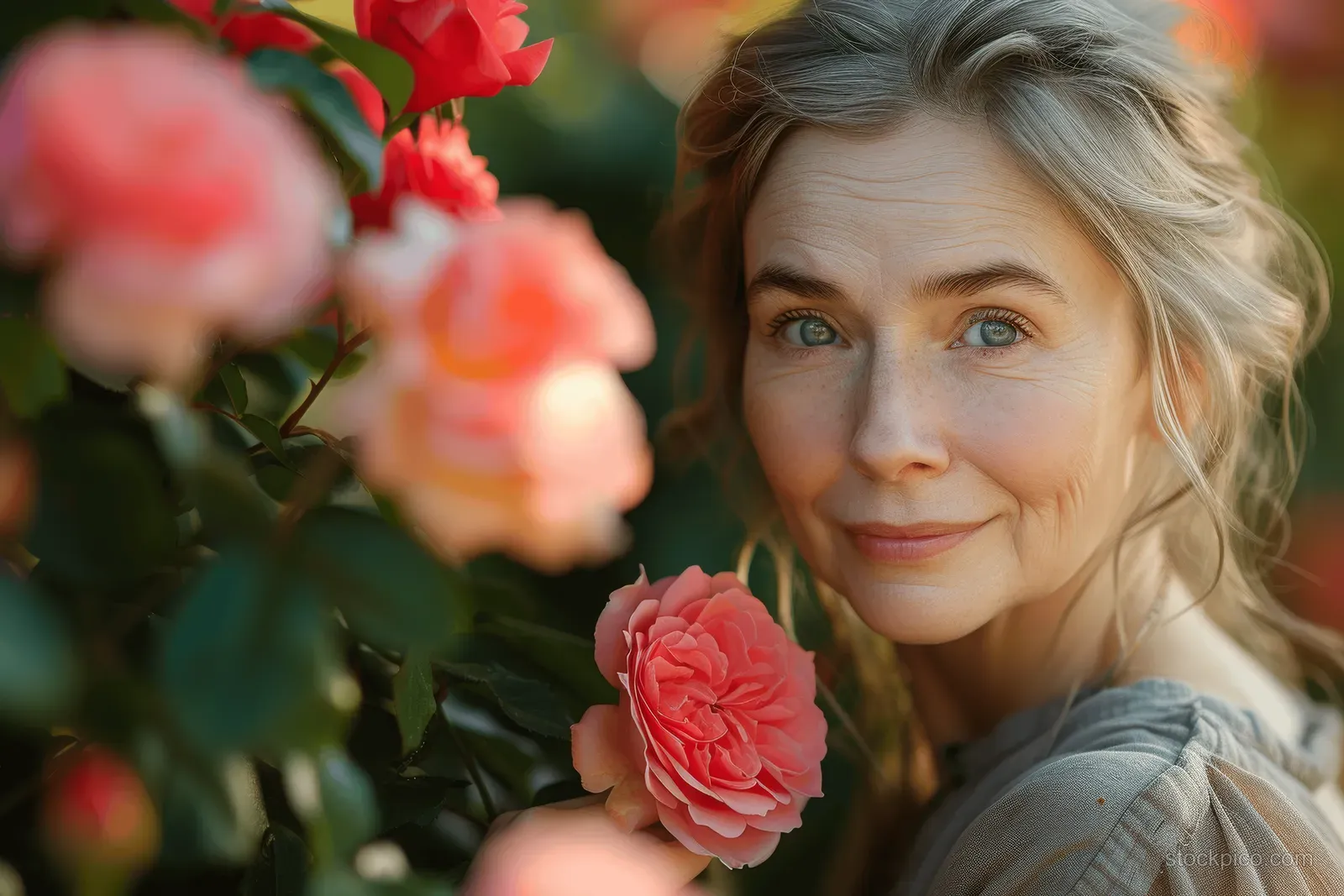 A granddaughter helps an elderly grandmother while walking through a garden with pink roses.