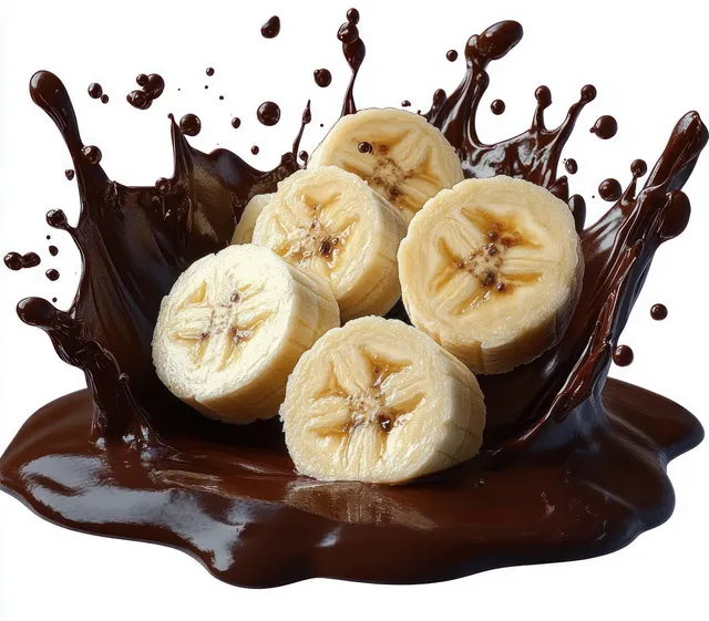 Four banana slices splash into dark chocolate, forming dramatic droplets and splashes around them.
