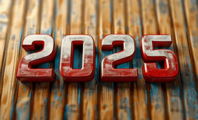 3D 2025 numerals with glossy red-and-white faces sit on a textured wooden background.