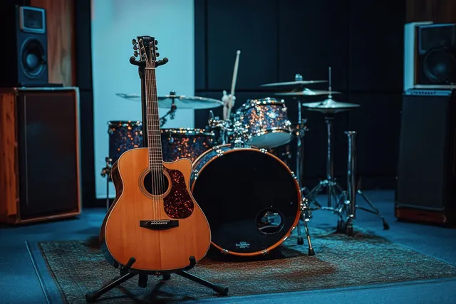 Acoustic guitar on a stand in a music studio facing a drum kit with cymbals and speakers.