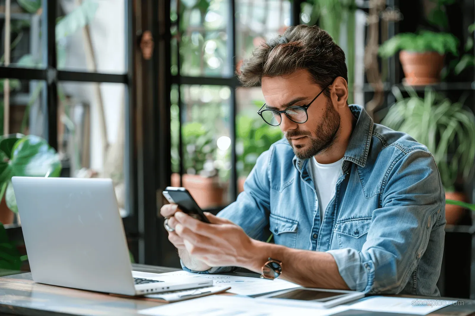 Adult entrepreneur in glasses uses a smartphone while reviewing paperwork next to an open laptop at an office desk.