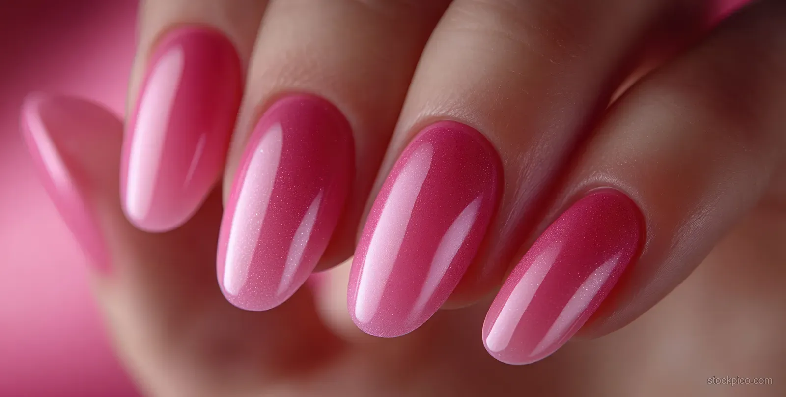 Glossy pink nail polish is applied with a brush to fingernails in a beauty salon close-up.