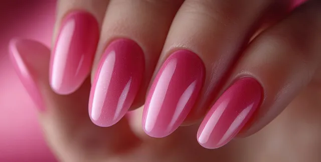 Glossy pink nail polish is applied with a brush to fingernails in a beauty salon close-up.
