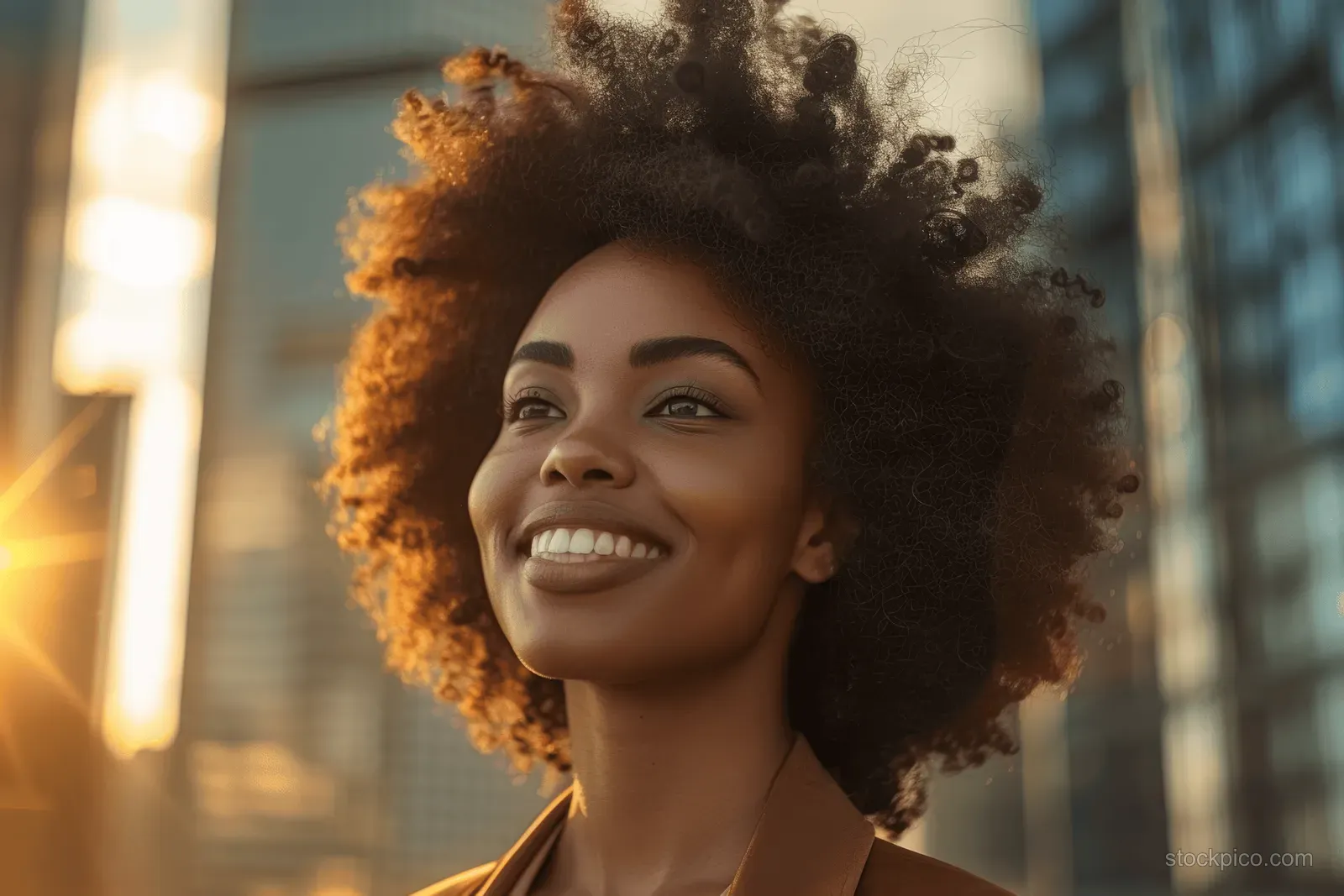 A smiling woman with an afro hairstyle stands outdoors with warm sunset city lights behind her.