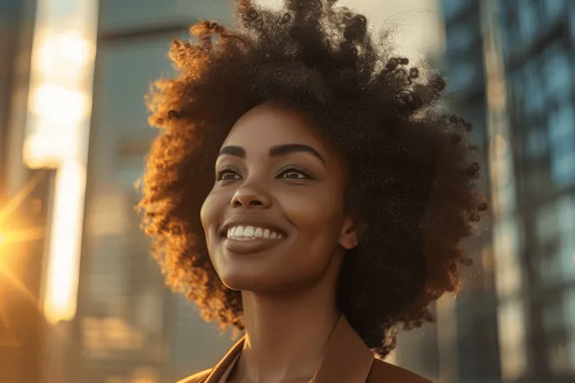 A smiling woman with an afro hairstyle stands outdoors with warm sunset city lights behind her.