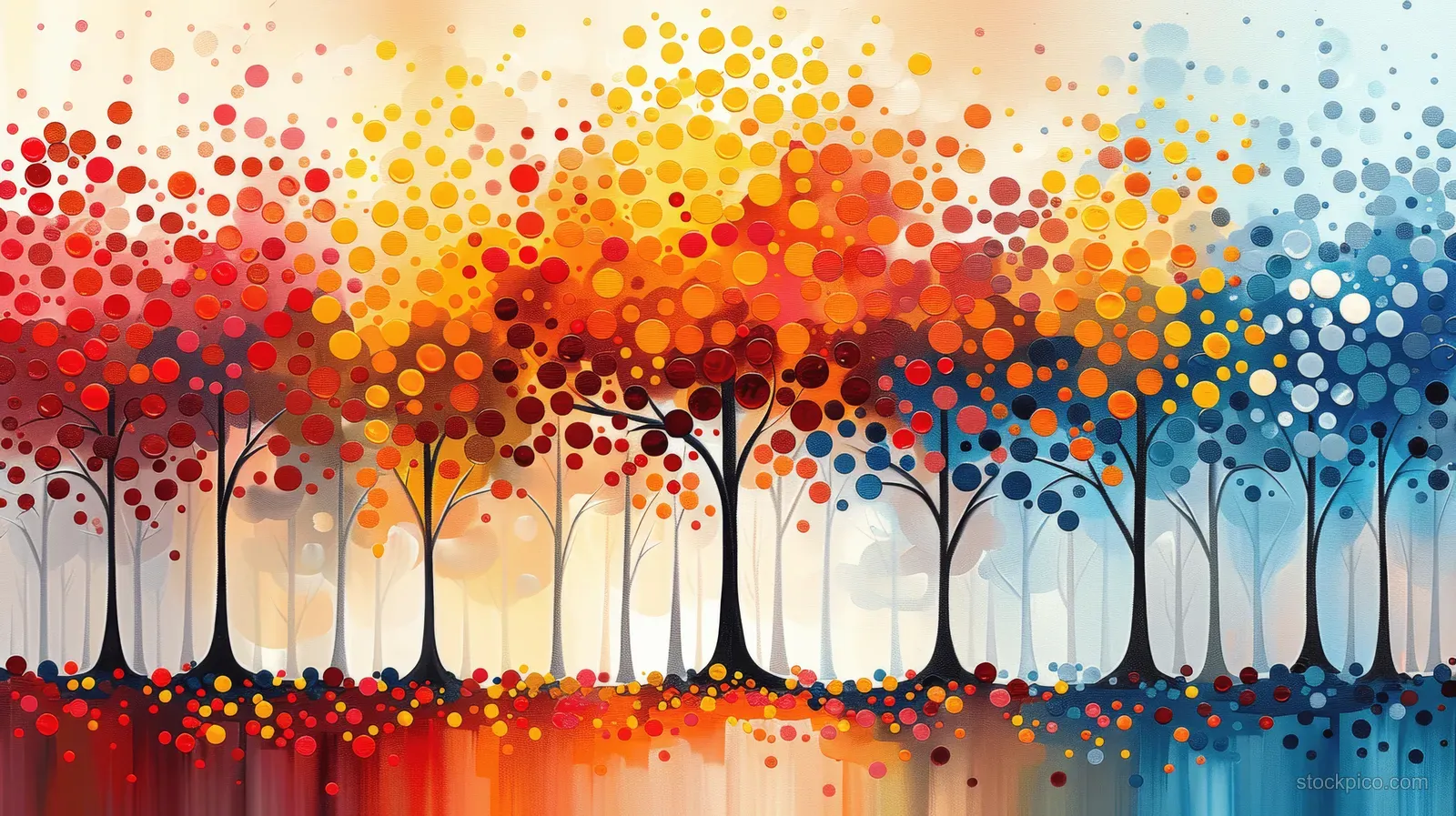Abstract row of dot canopies and dark tree trunks in a colorful gradient on a white background.