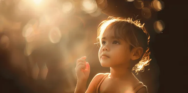Young girl reaching upward toward glowing light rays in a cinematic side portrait