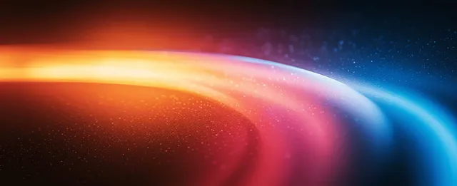Curved glowing light arc with red and blue gradient streaks over a dark grainy background.