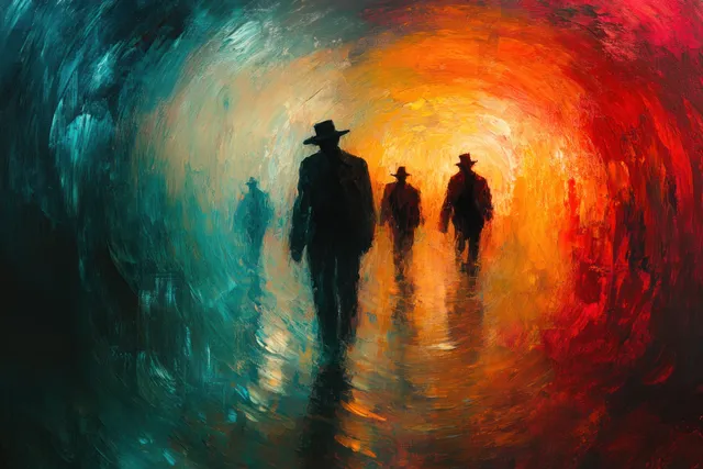 Silhouetted soldiers march into a glowing red-orange and teal light tunnel on a dark background.