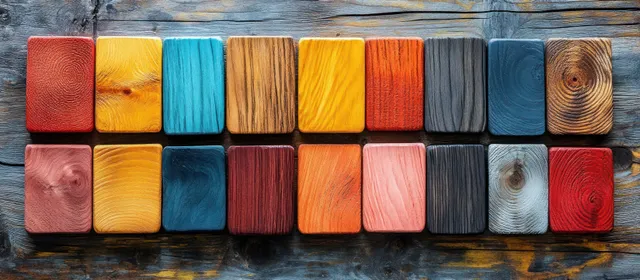 Colorful wooden laminate swatches arranged in rows on a weathered surface show distinct grain and tones.