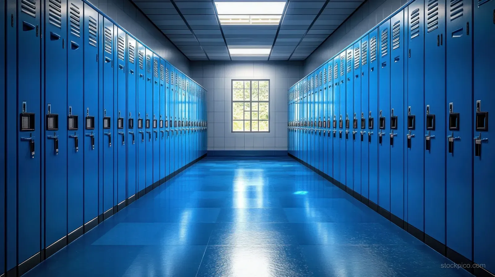 Empty school hallway with bright blue lockers on both sides and a window at the far end letting in daylight.