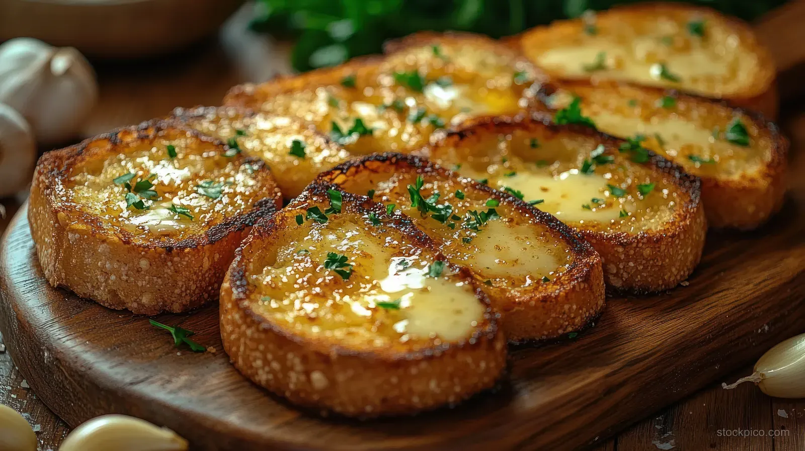 Toasted bread slices with melted butter and parsley on a rustic wooden board.