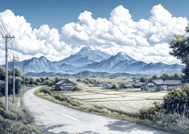 Summer rice fields with tidy rows beside a winding countryside road and mountain backdrop
