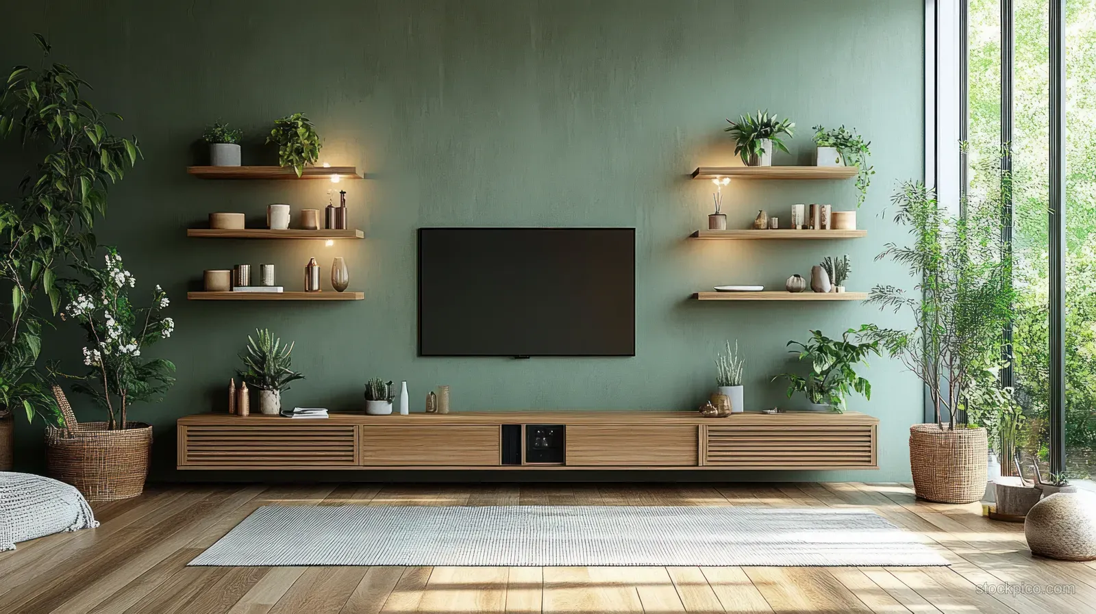 Minimalist living room with a green wall, wood flooring, open shelves, plants, and a TV console beside a bright window.
