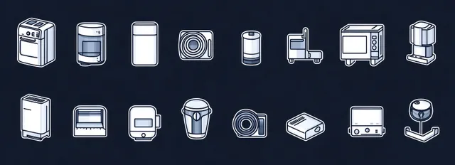 White outline icons of household and kitchen appliances on a dark background.