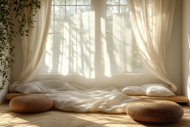 Sunlight fills a minimalist living room with sheer curtains and soft sofa pillows in front of an empty wall space.